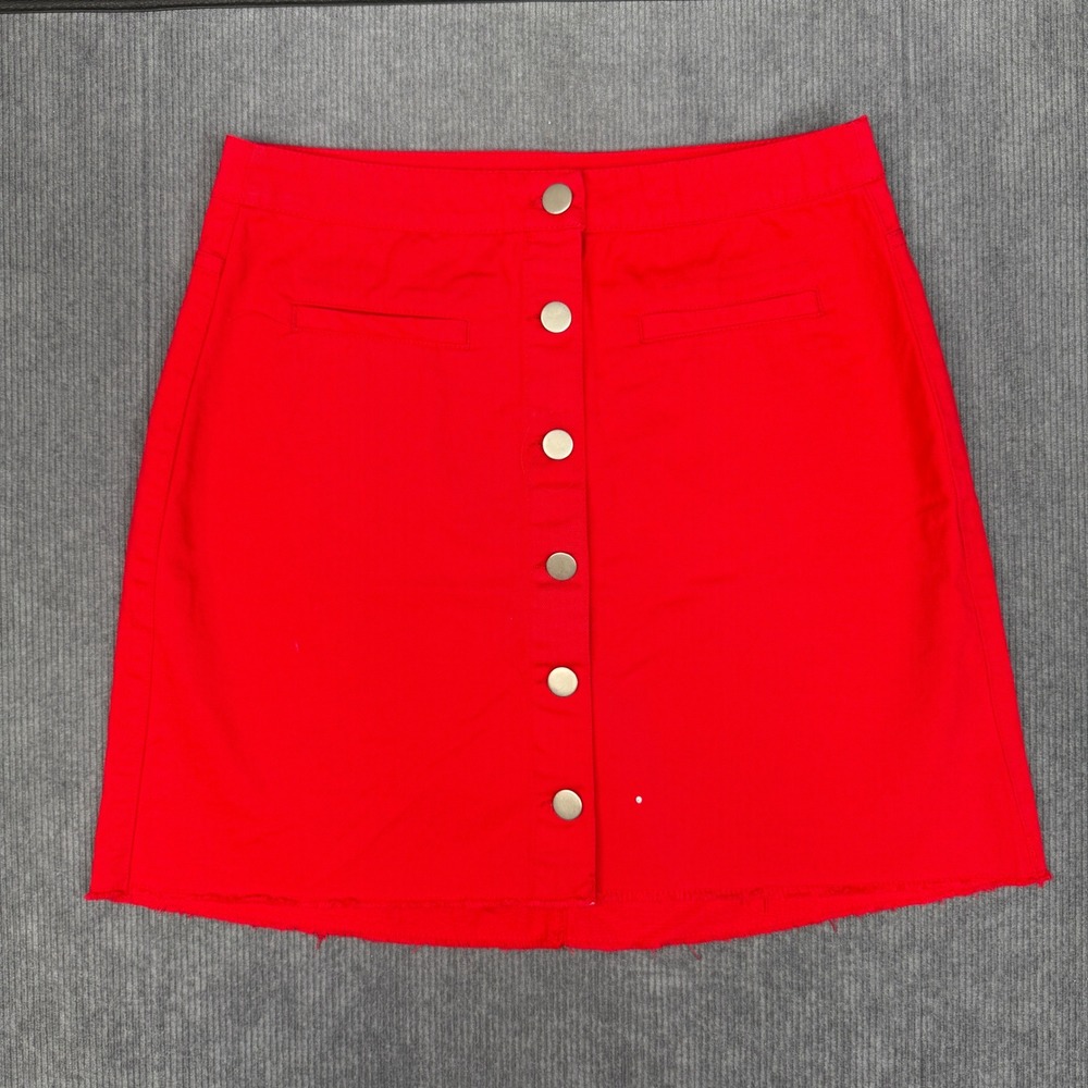 Charlotte Russe Red Button Front Denim Y2K Mini Skirt Raw Hem‎ Small NWT